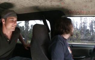 Brunette teen Stacy Miller takes a ride with two dudes