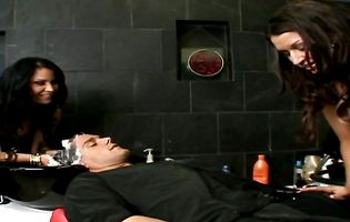 Lucky guy has his cock treated by two horny hairdressers